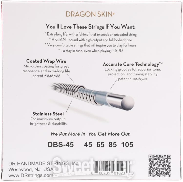 DR Strings Dragon Skin+ Coated Bass Guitar Strings - .045-.105 Medium