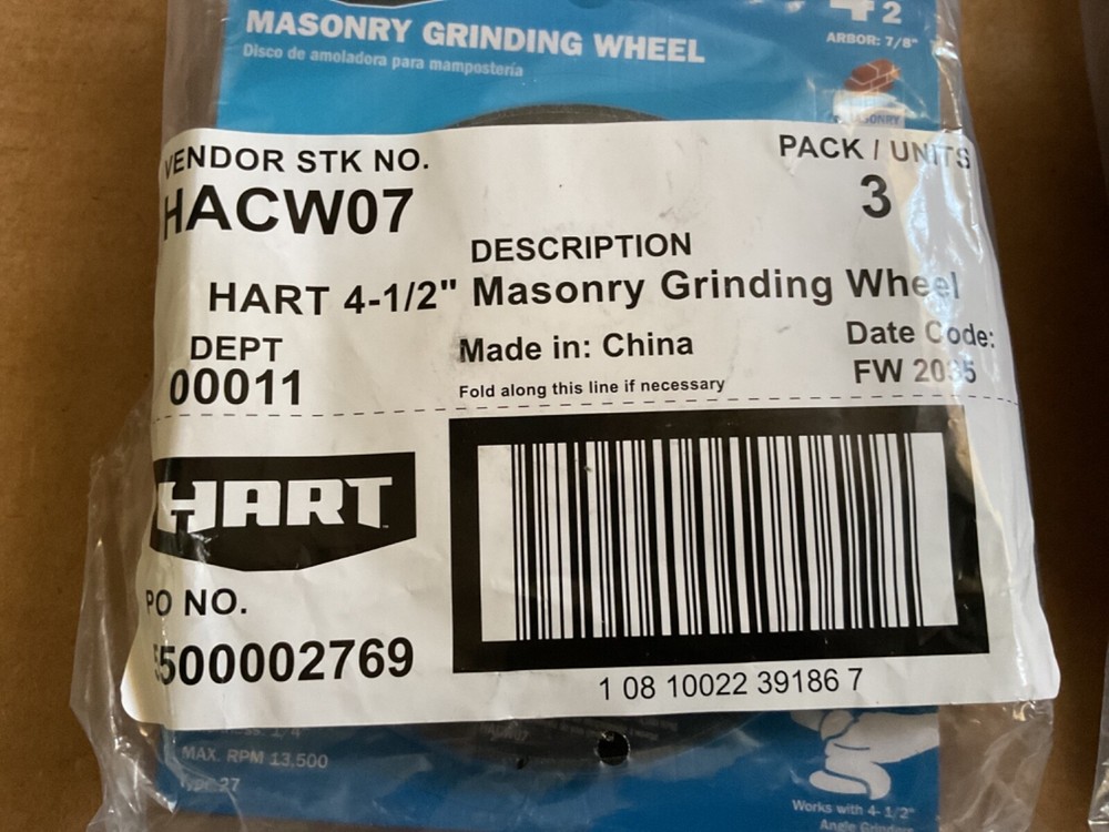 HART 4-1/2" MASONRY GRINDING WHEEL 1/4 Inch Thick