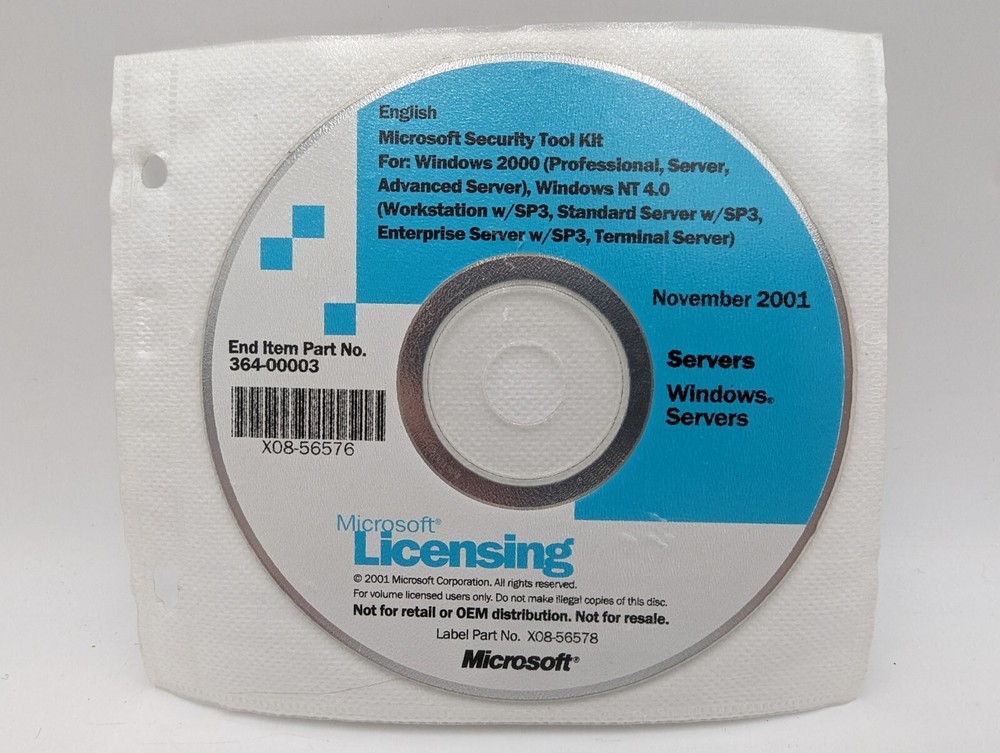 Microsoft Licensing Security Tool Kit Windows 2000 Server CD Disc November 2001