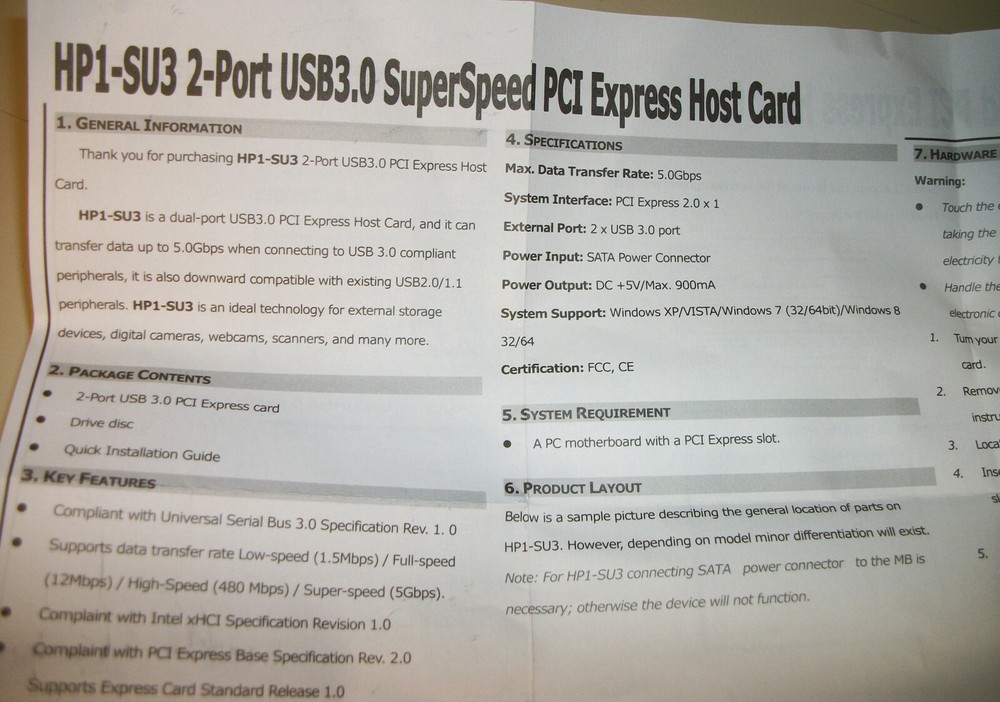 Quick Installation Guide, Driver CD Disc, Box Mediasonic HP1-SU3 USB 3 PCIe Card