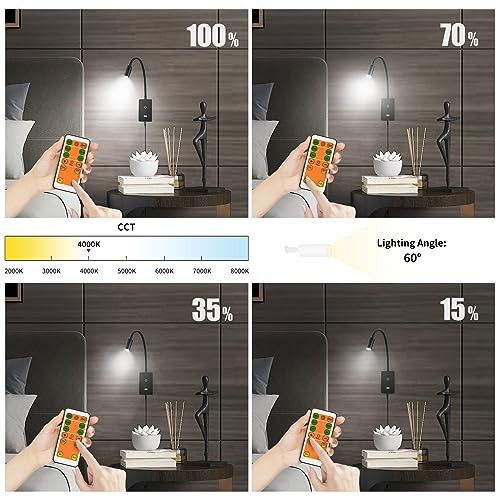 LED Wall Mounted Bedside Lamp with Flexible Gooseneck, Remote Control Black