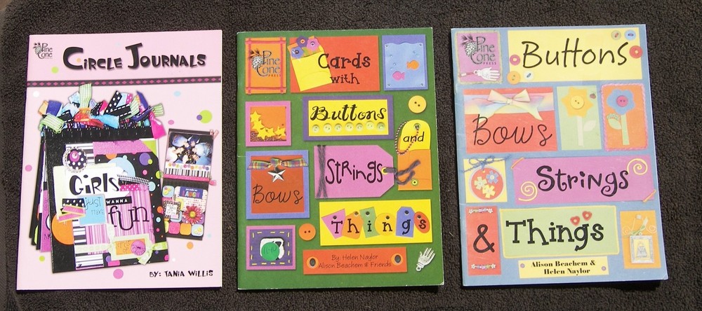 3 Pinecone Press Scrapbooking Cards W/ Buttons Bows Strings Wire Circle Journal