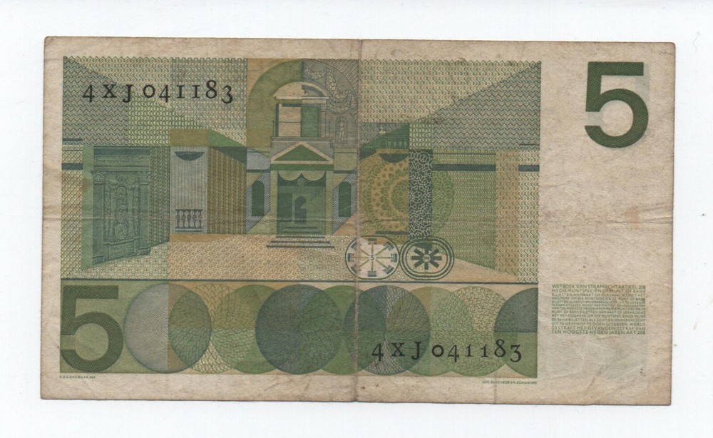 NETHERLANDS 5 GULDEN 1966 PICK 90A LOOK SCANS