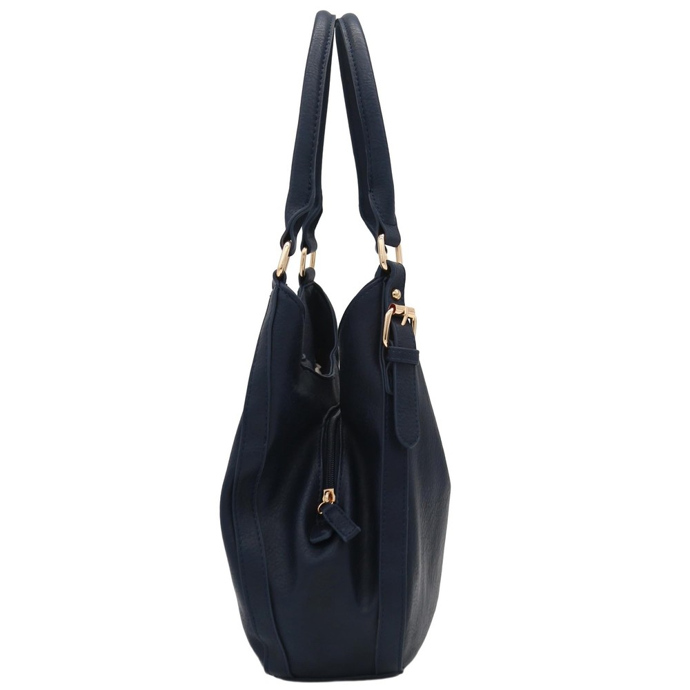 Lightweight 3 Compartment Faux Leather Medium Hobo Bag Navy