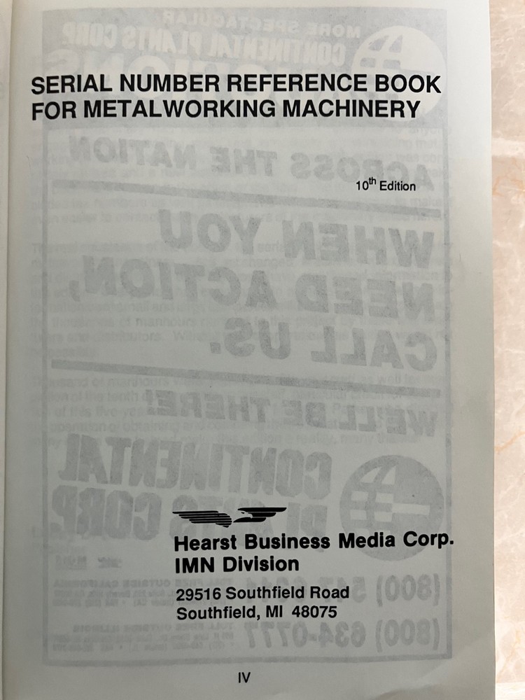 Serial Number Reference Book for Metalworking Machinery 10th Edition