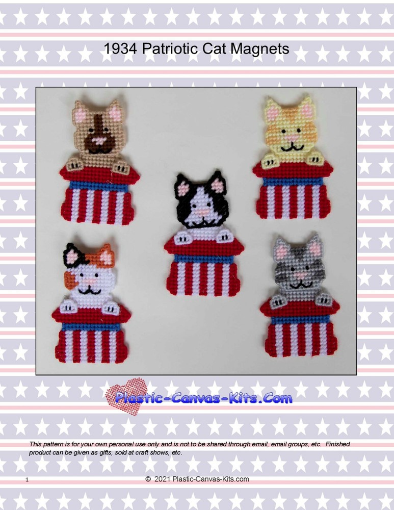 Patriotic Cat Magnets-Plastic Canvas Pattern or Kit