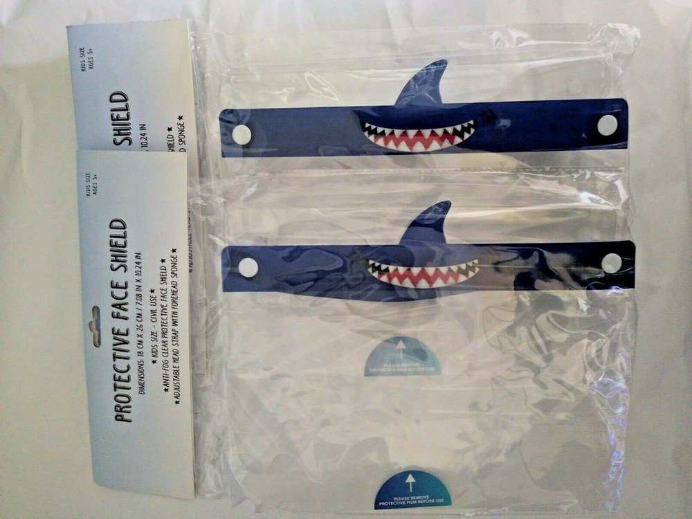 2 Shark Kid Protective Face Shields Anti-Fog Adjustable Boys 5+