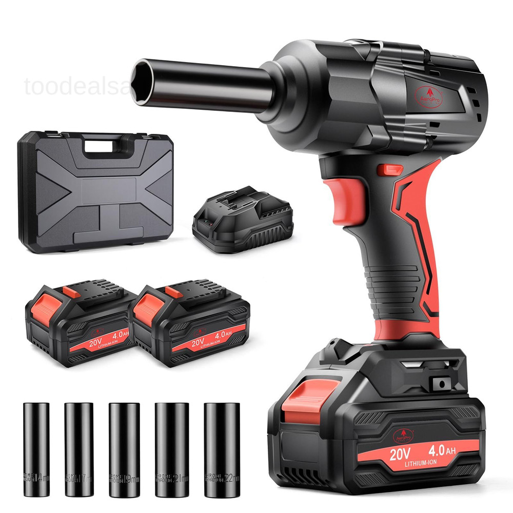 Cordless Impact Wrench + Socket Set + Case, Black and Red