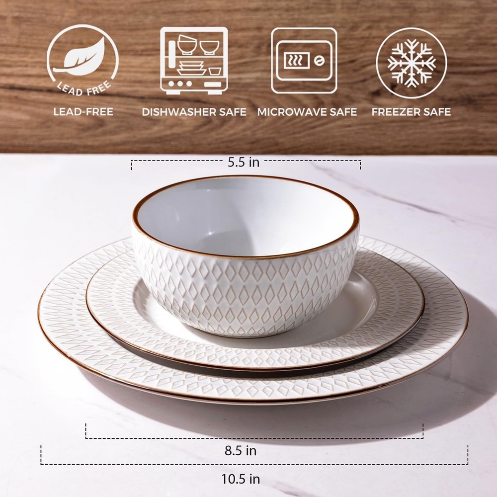 Ceramic Dinnerware Sets,12 pcs Embossed Elegant Stoneware Plates and Bowls Se...