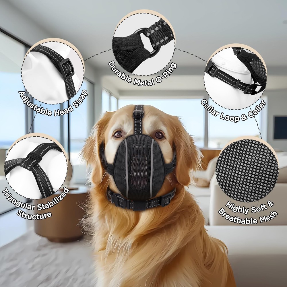 Dog Muzzle - Soft Breathable Mesh Nylon Adjustable for Small M, Black