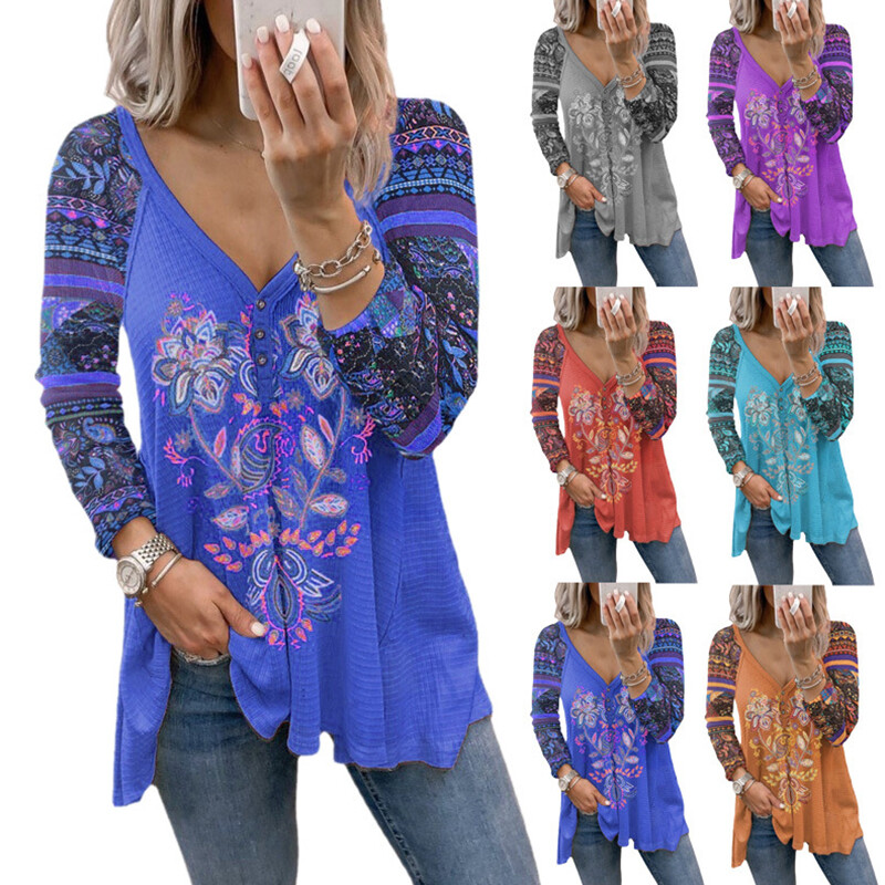 Womens V-Neck Boho Tops T-Shirt Ladies Long Sleeve Blouse Pullover Tunic Tees