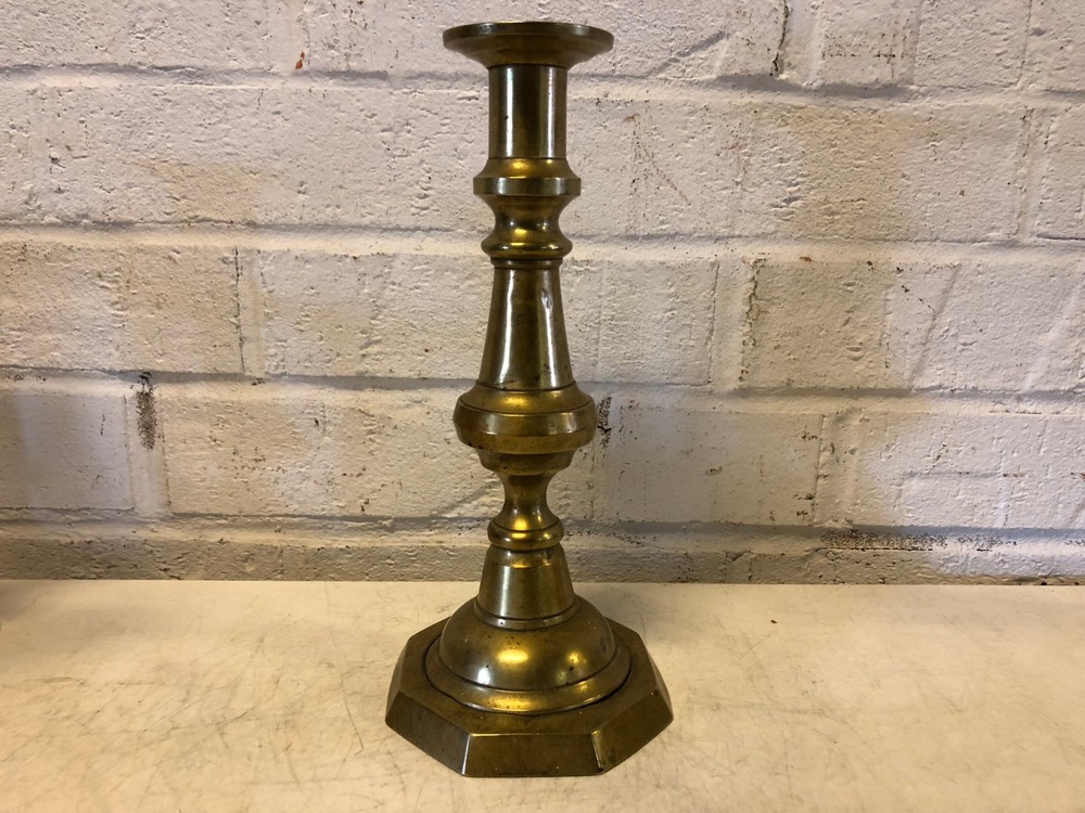 Antique 19th Century Plain Brass Candlestick with Octagonal Base