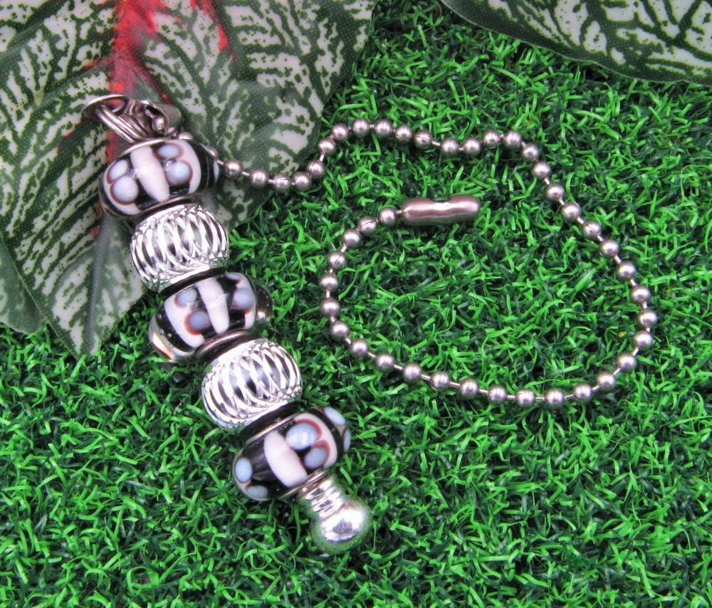 Handcrafted Black & White Lampwork & Aluminum Bead Fan Pull