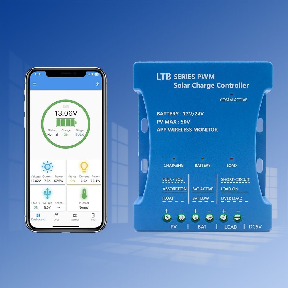 20A 12V/24V Solar Controller Bluetooth PV Max 50V Panel Battery Regulator