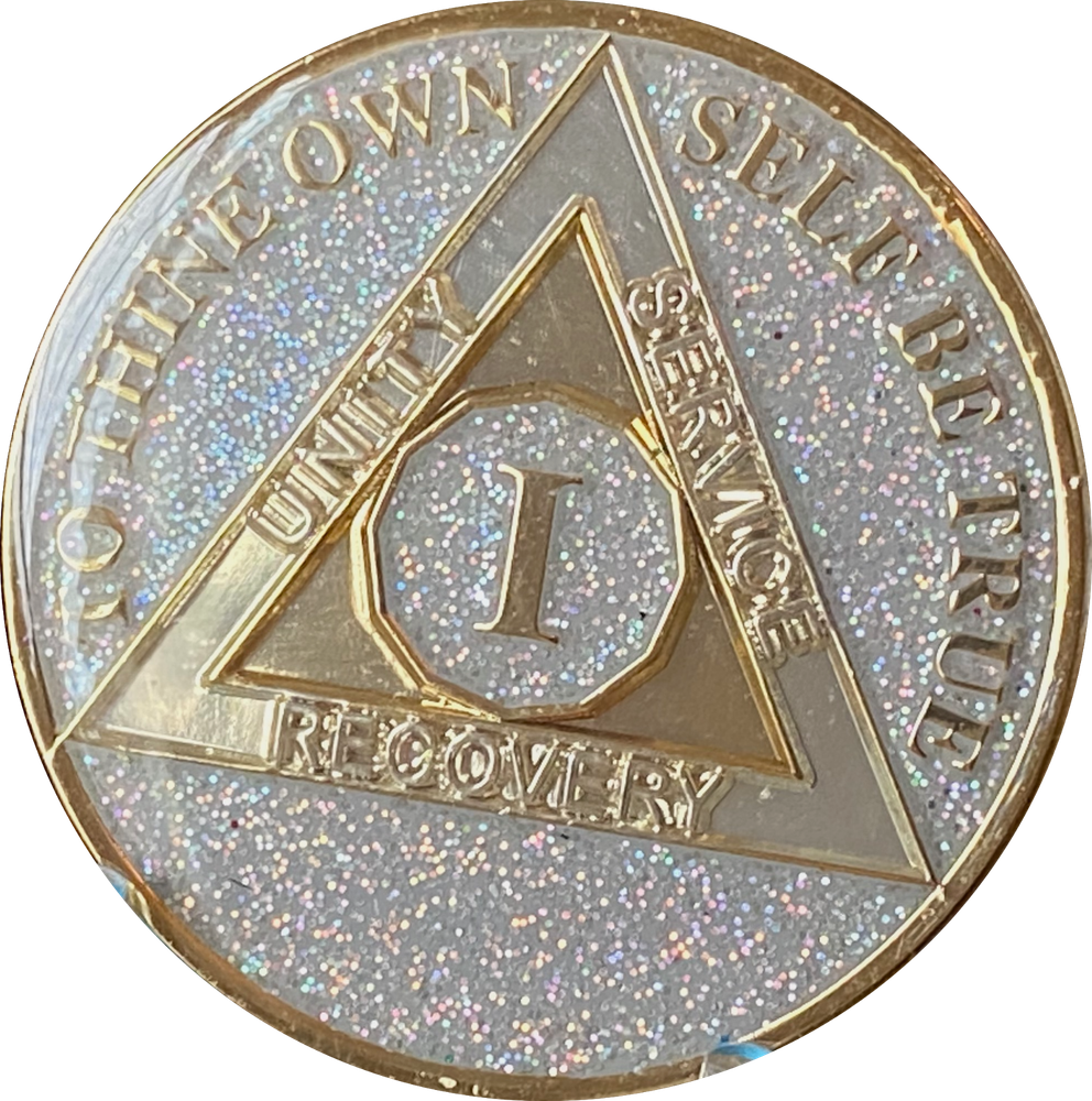 1 Year AA Medallion Silver Opal Gliter Tri-Plate Sobriety Chip