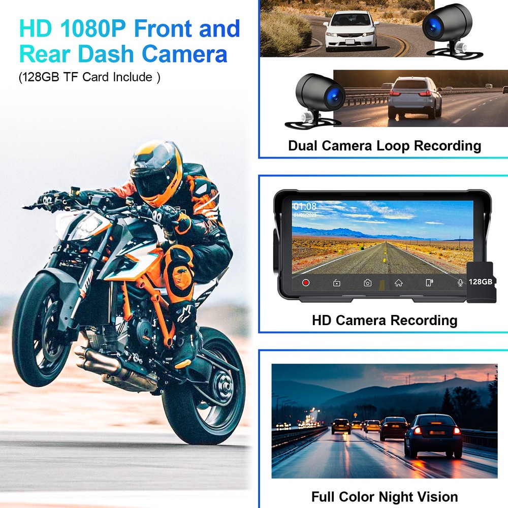 Motorcycle Carplay Unit 5.5" Wireless Android Auto Dash Cam TPMS GPS Dual Camera