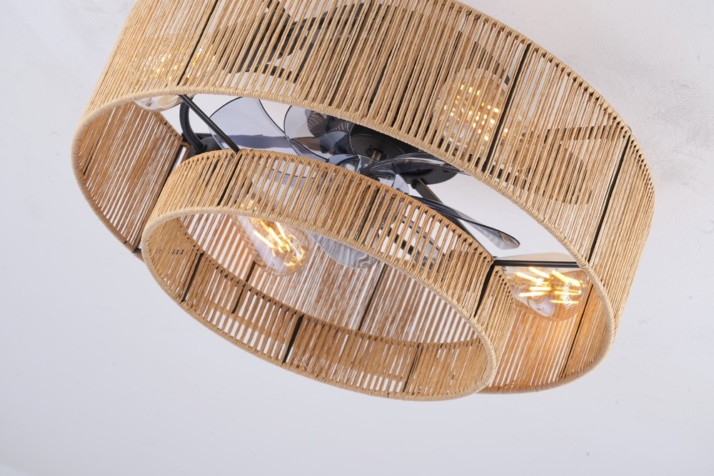 Flush Mount Ceiling Fan with Light & Remote, Matte Black Cage Fan