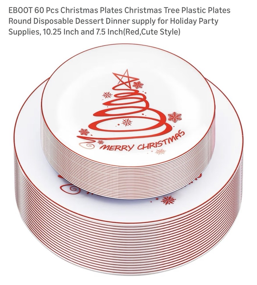EBOOT 60pc Christmas Tree Plastic Plates 10.25” 7.5”
