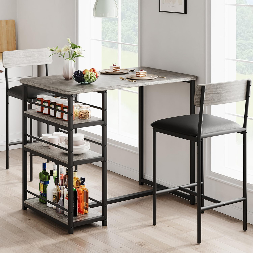 Dining Table and Chairs, Bar Table Set with 2 Upholstered Bar Stools, 3 Piece Di