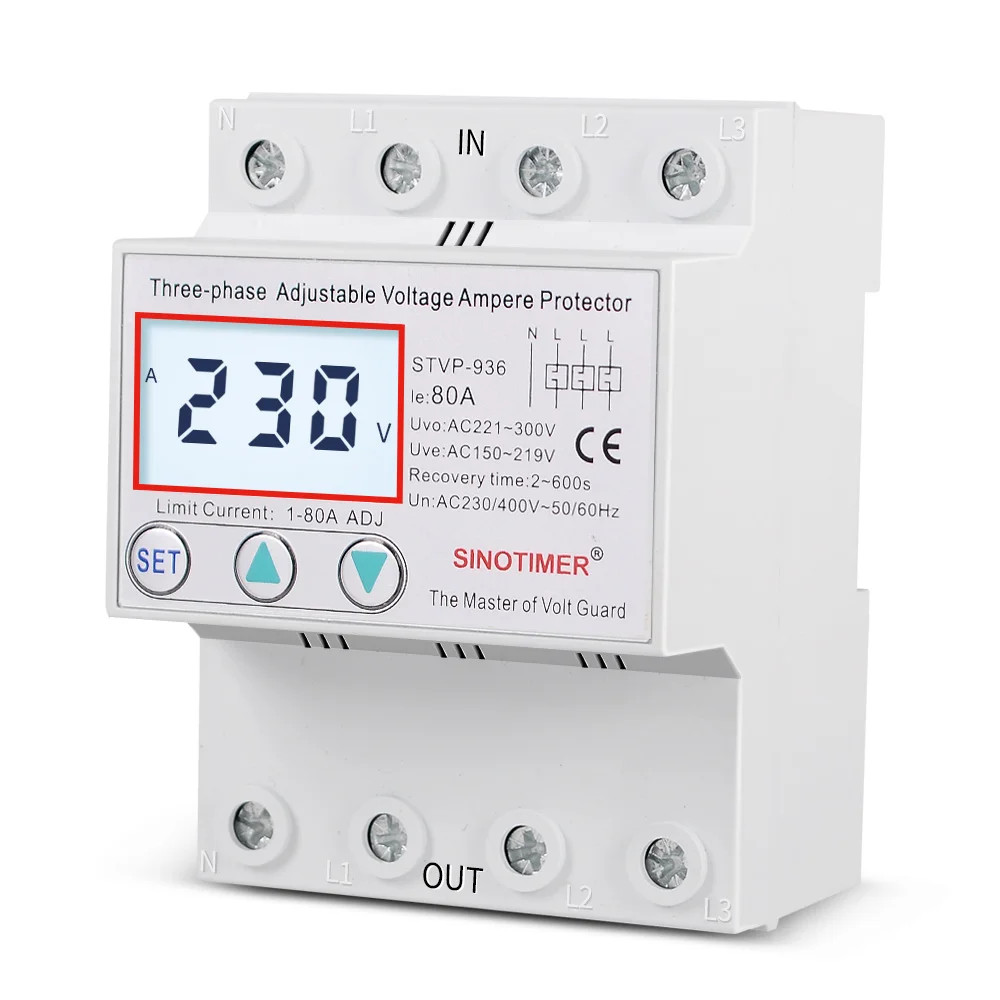 3Phase Voltage Protector Relay 380V 80A DIN Rail LCD Display Surge Limit Current