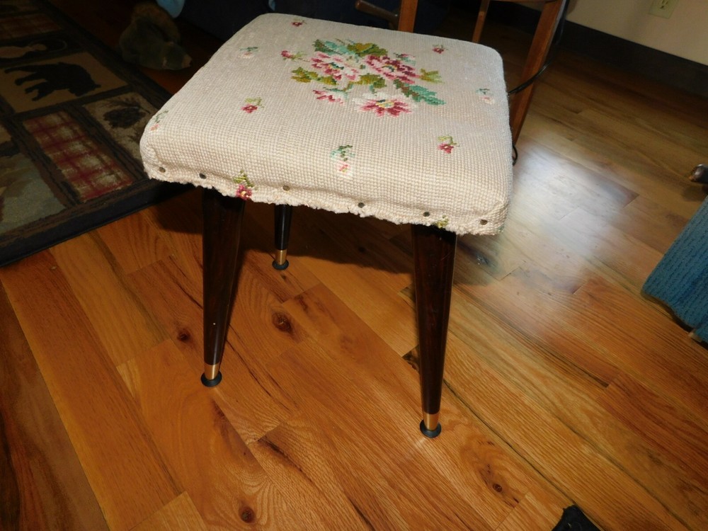 Pink Floral Needlepoint Stool Vintage Handmade