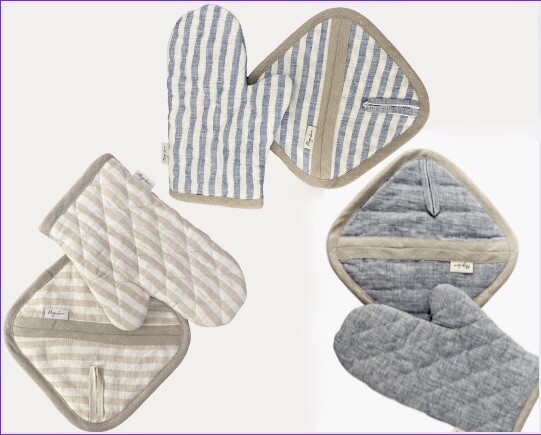 NEW Magic Linen Pot Holder & Oven Mitt Kitchen Gift Set Solid Blue or Tan Stripe