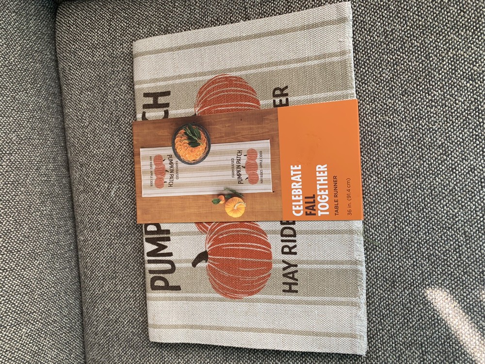 Fall Farm Raised Pumpkin Patch Hayride Lined Burlap Table Runner 36 X 13 NEW