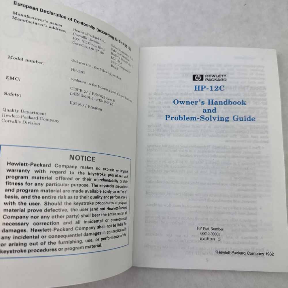 HP-12C Calculator Owner's Handbook and Problem Solving Guide Vtg 1982 Edition 3