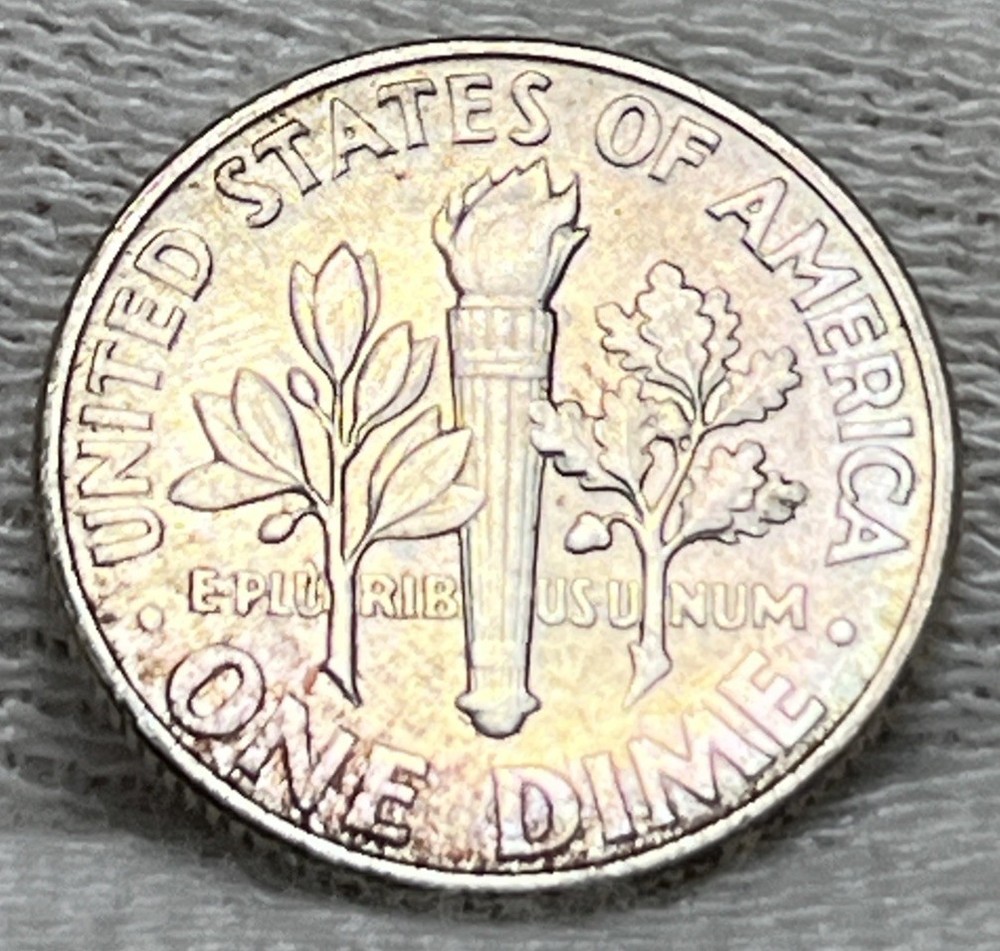 1947 Roosevelt Silver Dime Rainbow Toning Both Sides Uncirculated #3