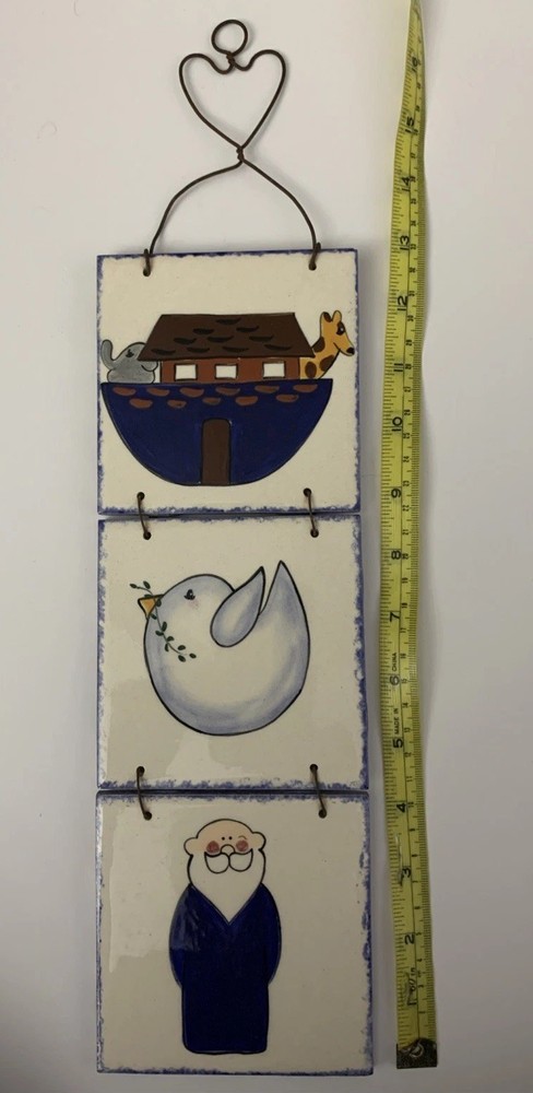 Wall Hanging Handmade Ceramic Tile & Wire Noah’s Ark Theme 17" x 4" EUC