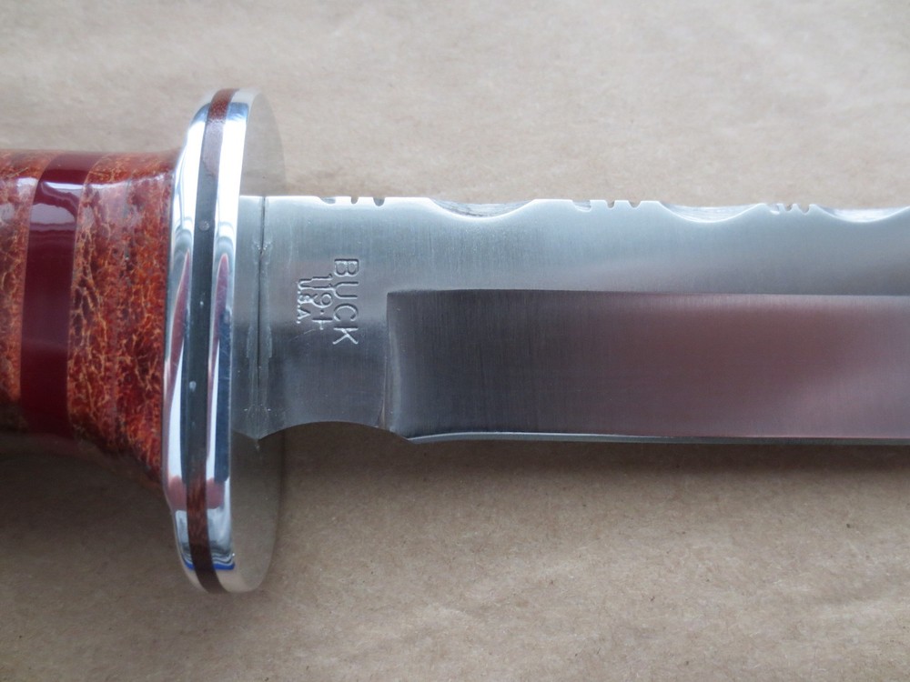 Custom Buck 119 Knife w/Sheath Leather Stacked Handle
