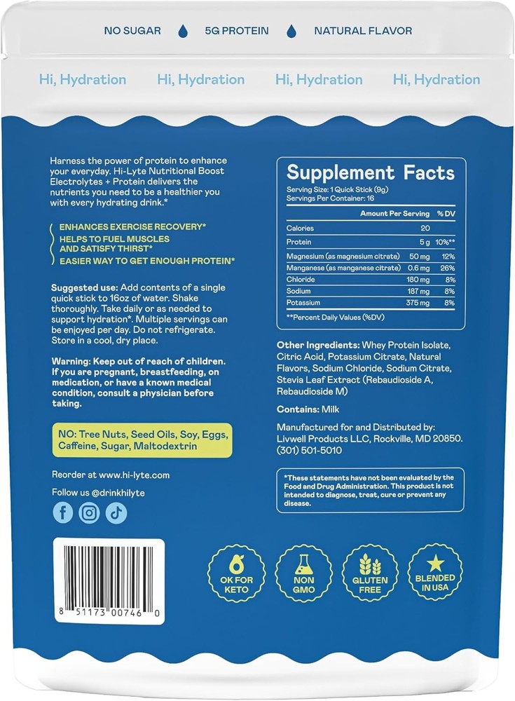 Hi-Lyte Electrolytes + Protein Quick Sticks Raspberry Lemon - 16 Servings Keto