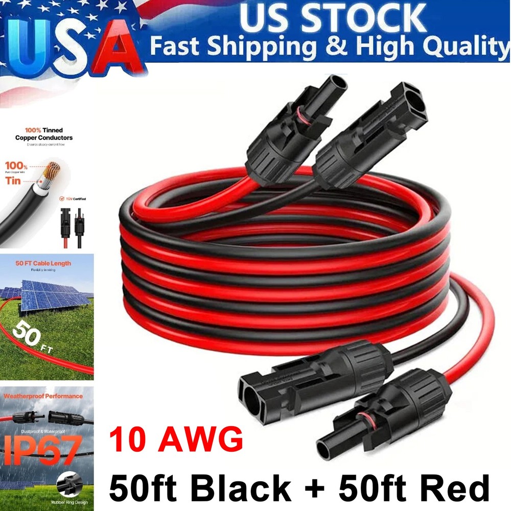 10 AWG Solar Panel Extension PV Cable Wire Solar Connectors Pair Black Red 6mm²