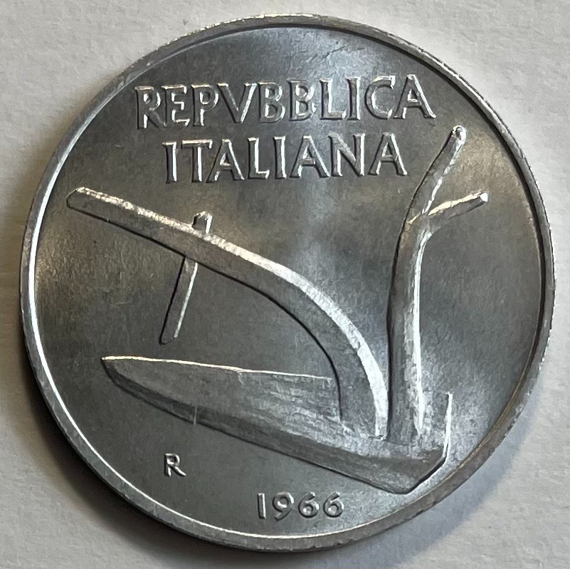 Italy 10 Lire minted 1966 - Wheat Ears & Plow