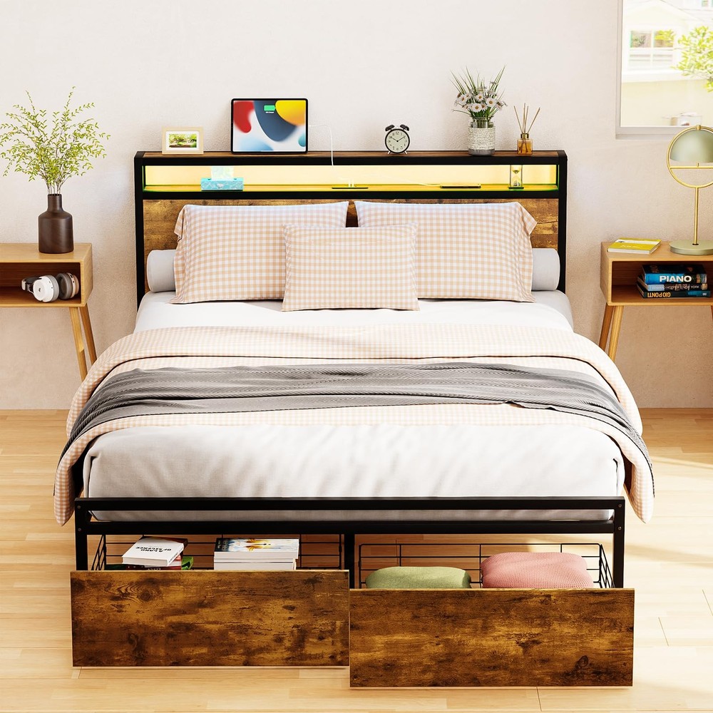 Full Bed Frame with Storage Drawers, Bed Frame Full Size with Headboard, LED ...