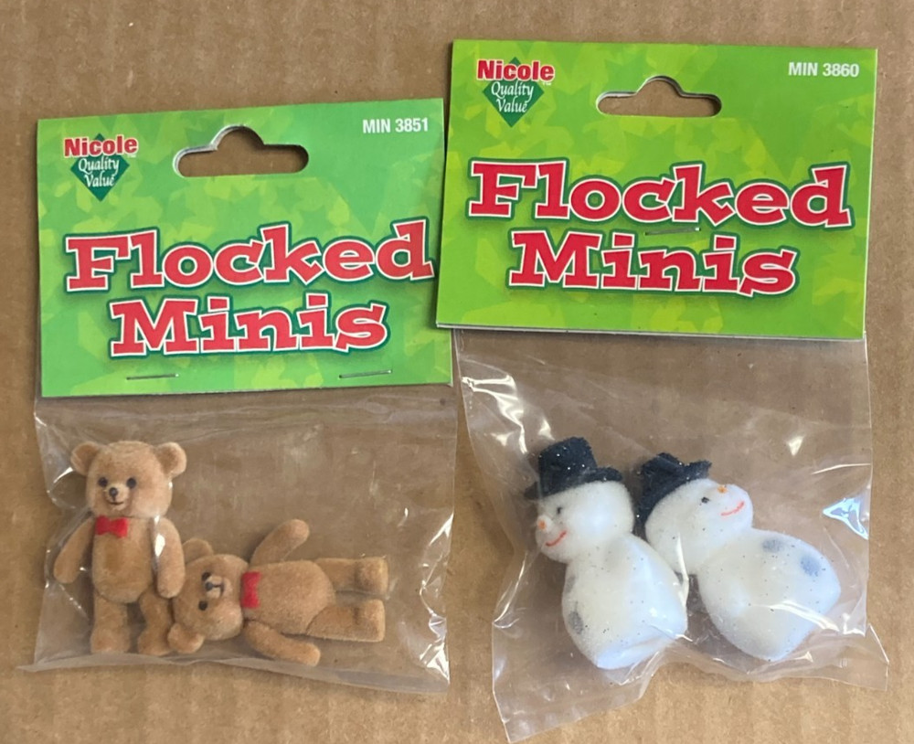 Nicole Crafts 2006 2 Pkgs. Flocked Minis Teddy Bears & Snowmen