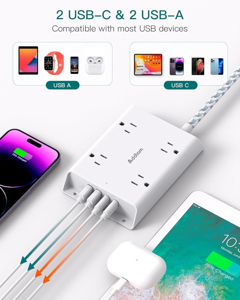 Surge Protector Power Strip Addtam 5 ft Flat Plug Extension Cord with 4 USB Wall