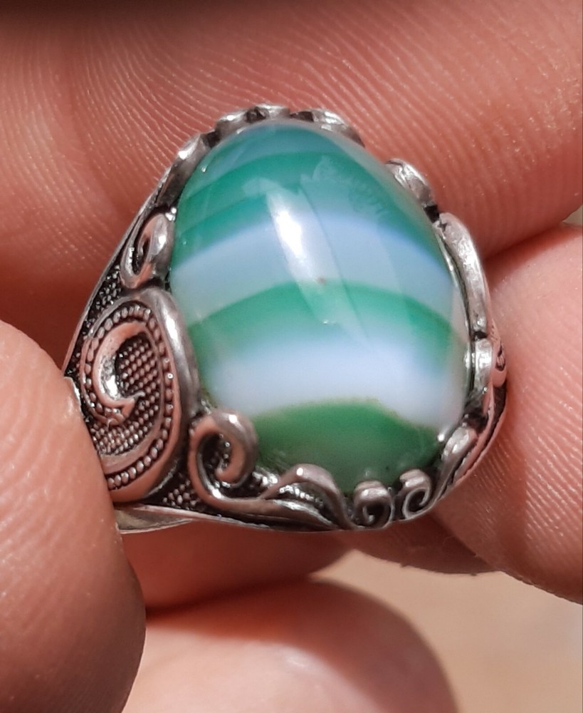925 Silver Ring Solitaire Seal Rainbow Agate Ring Man Sterling Agate $