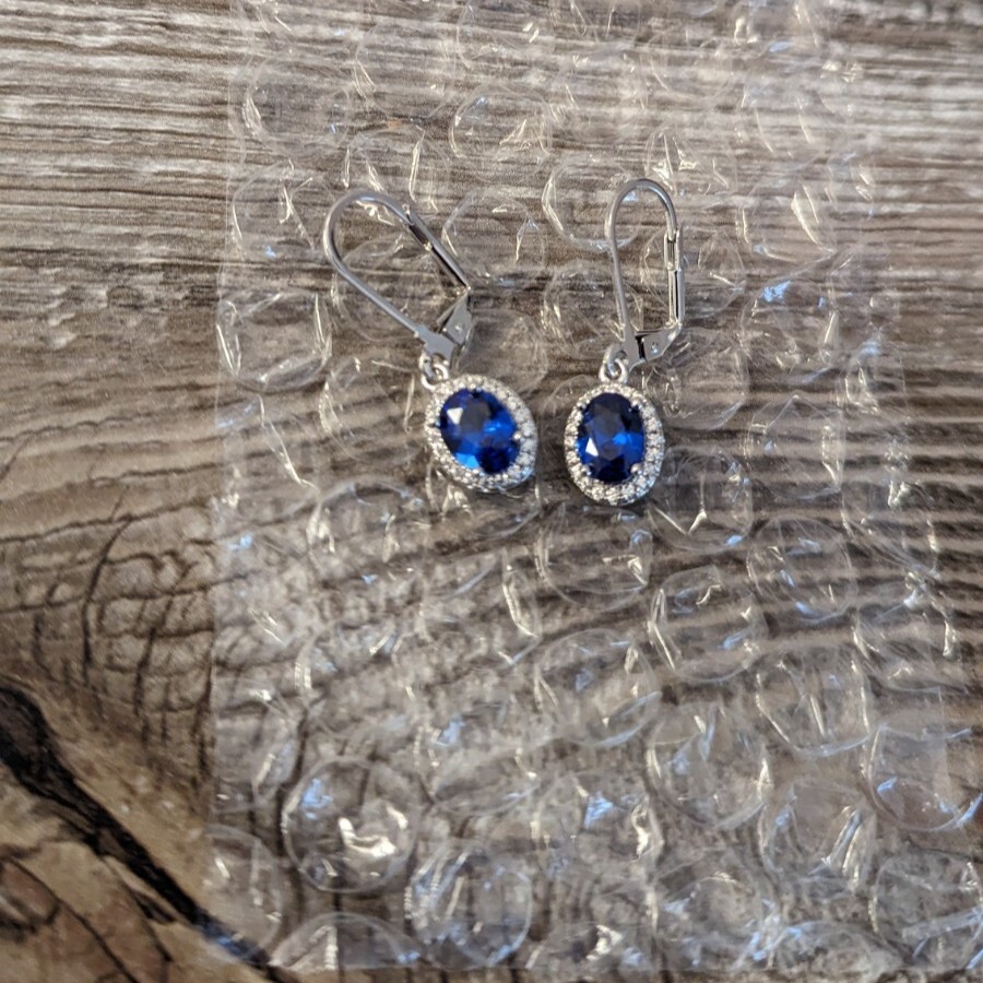 Exquisite 4 Prong Setting Oval Blue Sapphire Side Micro Inlay Diamond Earring