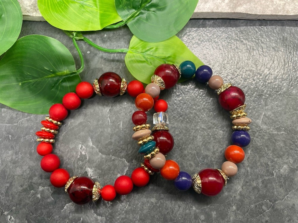 2 PC Handmade Beaded  Boho 7” Plus Stretch Layered Bracelet Set B3954