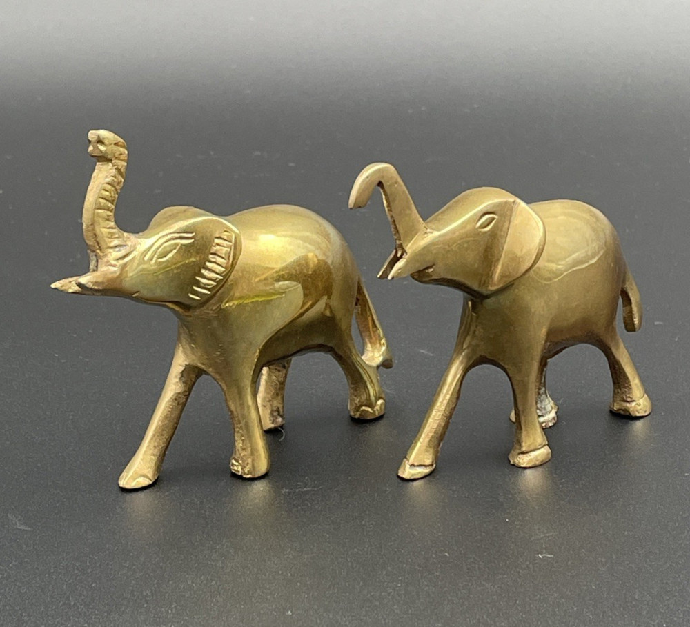 Elephant Figurines Solid Brass Vintage Set Of 2 Perfect
