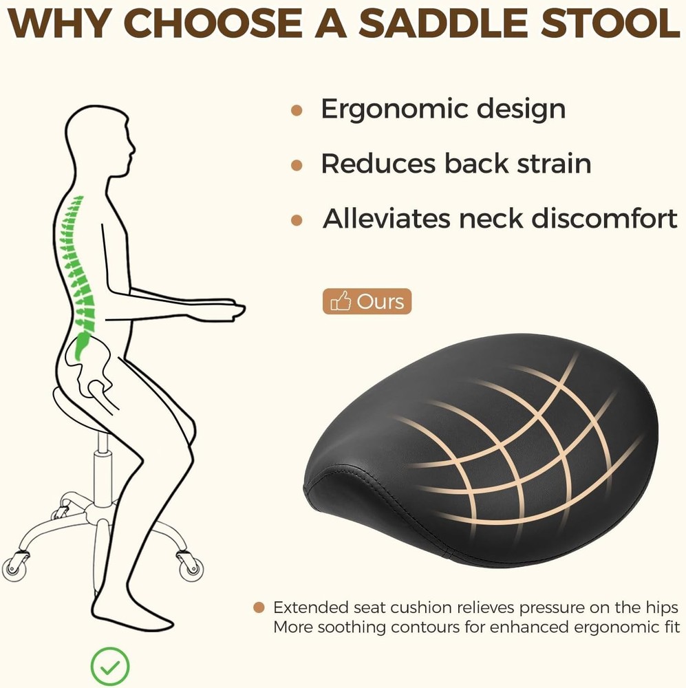 Ergonomic Rolling Saddle Stool Height-Adjustable Rolling 360° Swivel Saddle