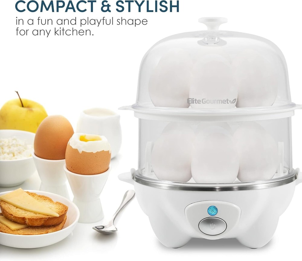 2-Tier Rapid Egg Cooker, 14-Egg Capacity with Buzzer & Auto Shut-Off, White