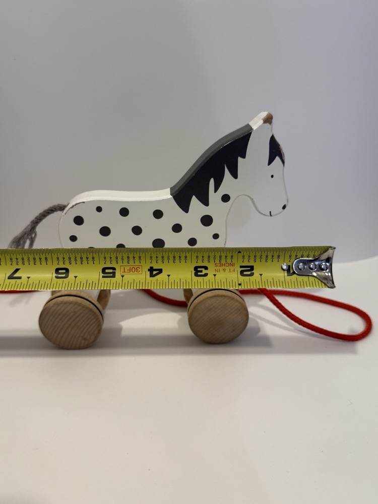 Vintage Goki Horse Pull Toy White With Black Mane And Spots Red Pull String