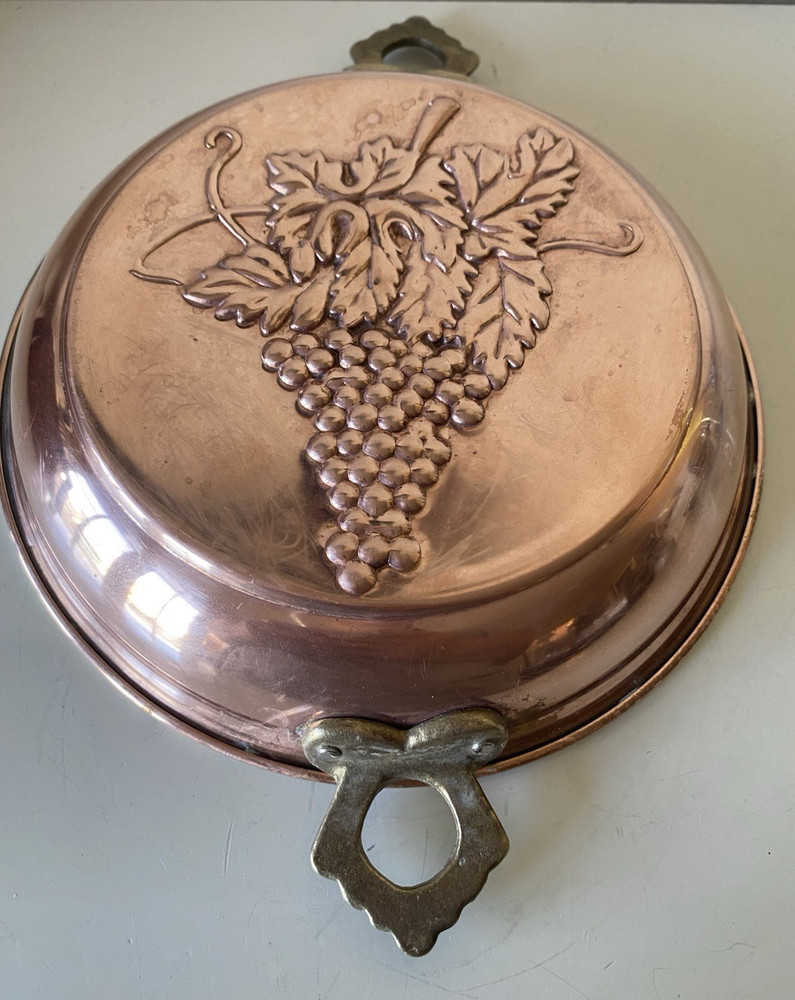 Solid Copper Grape Cluster Motif Mold With Double Brass Handles Hanging Decor