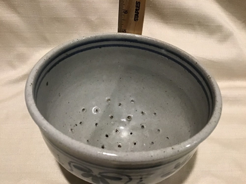 Vintage Blue And Grey Stoneware Colander Strainer 7"