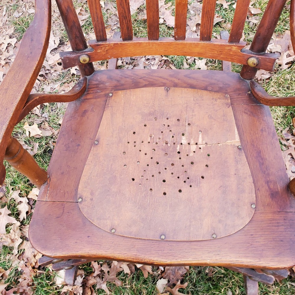 ANTIQUE OAK PRESSED BACK BRASS HARDWARE ROCKING CHAIR