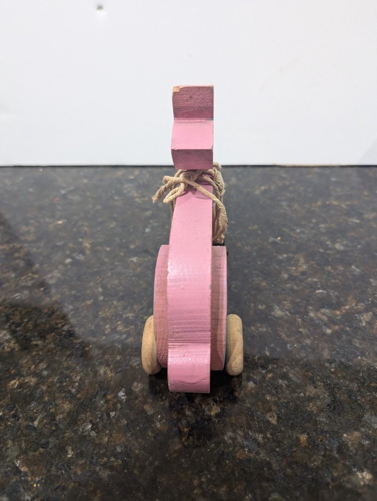 ANTIQUE Wooden Rabbit Pull Toy - Pink and Blue, Handmade