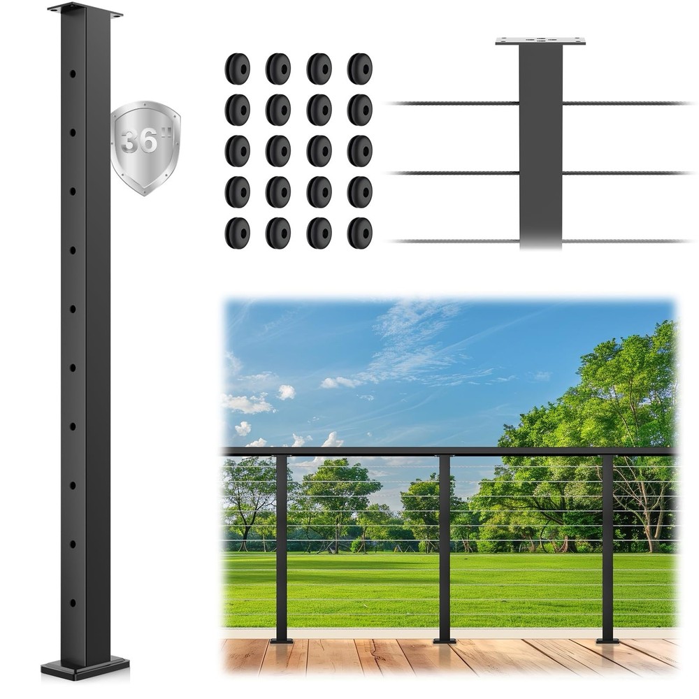 36" Cable Railing Post, Fixed Top Level Drilled Line Post w/Cable Grommets,