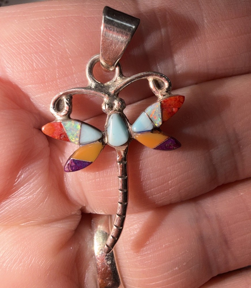 Dragonfly Micro Inlay Multi Gemstone Sterling Silver 925 Pendant Native A
